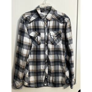 BKE Buckle Brown Blue Plaid Western Pearl Snap Sz L Cowboy Athletic Fit Rodeo
